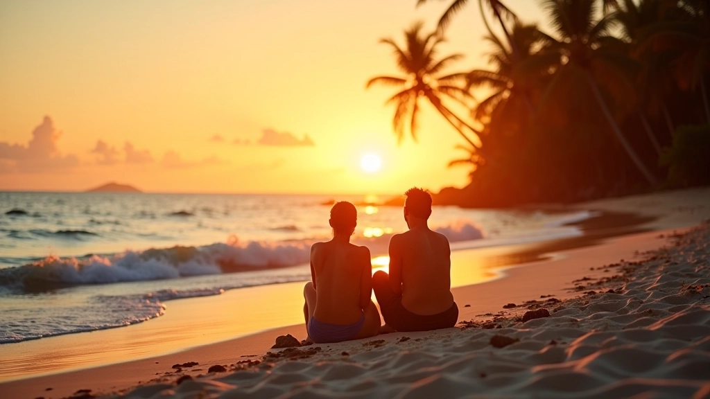 Personas descansando en la orilla arenosa de la bahía al atardecer