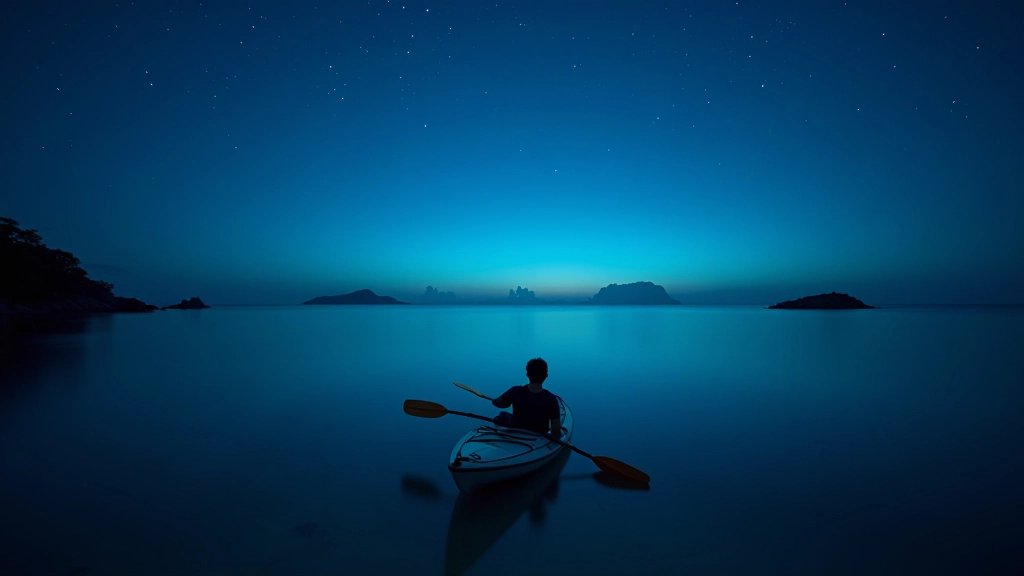 Kayak flotando en aguas cristalinas bajo las estrellas en Bahía Mosquito, Vieques